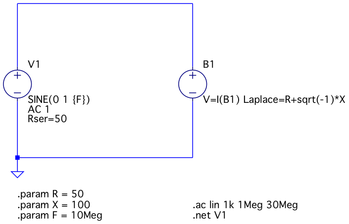 Изображение схемы частотно-независимой нагрузки, вариант с источником напряжения с произвольным поведениемм